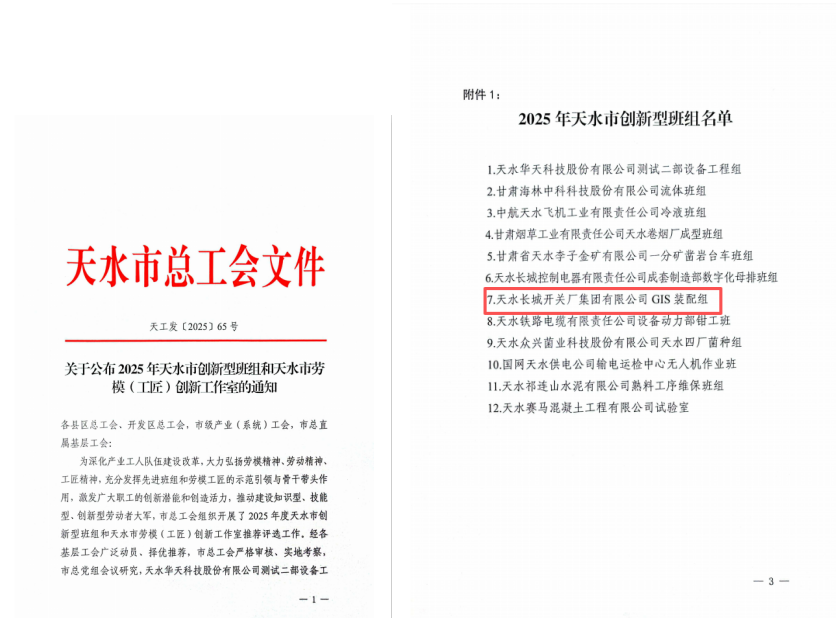 匠心筑創(chuàng)新 班組顯擔(dān)當(dāng) —— 長開廠集團GIS裝配組獲評2025年天水市創(chuàng)新型班組